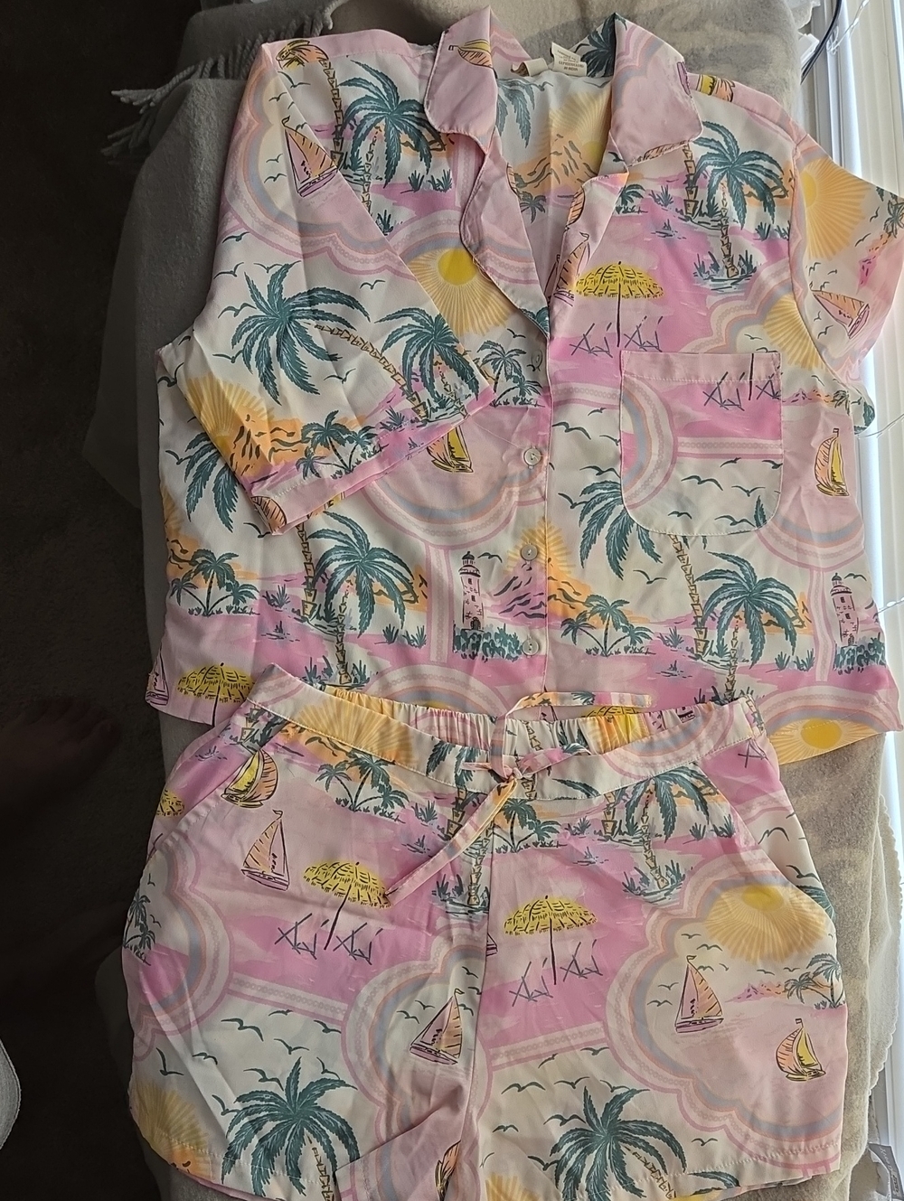 Cynthia Rowley Pink Tropical Palm Short Pajama Set with Yellow Accents